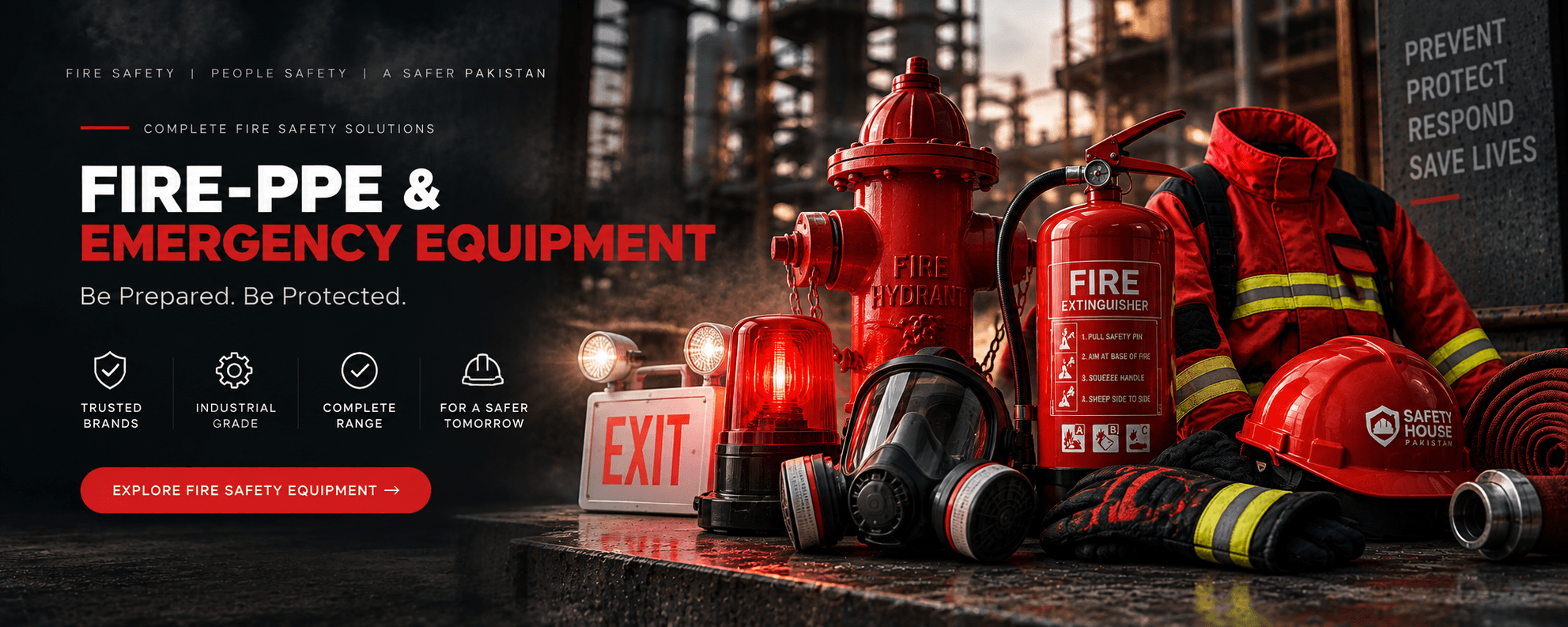 Firefighter turnout gear, a fire hydrant, fire extinguisher, respirator and helmet displayed together for fire-PPE and emergency equipment