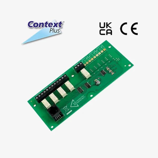 Output expansion relay board for EP203. Provides volt-free changeover relay contacts for reset, mode, discharged, hold and abort
